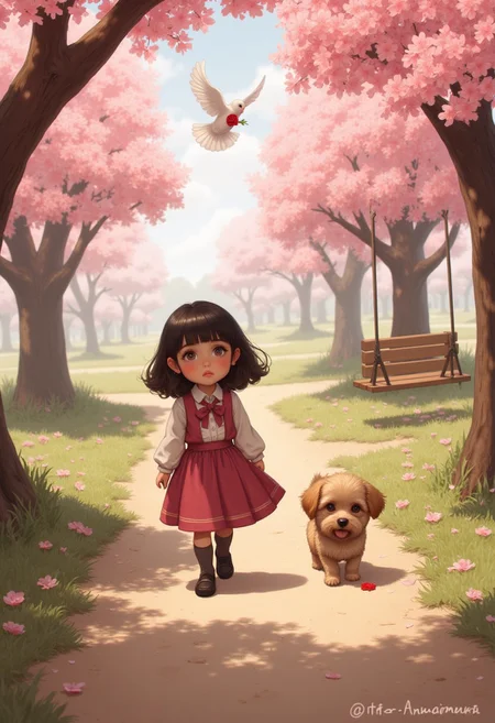A young girl walks aimlessly through a serene, romantic landscape, her gaze searching and uncertain. Beside her, a small puppy pads along, equally lost. They're surrounded by blossom trees, their delicate petals creating a gentle shower of pink. In the background, a wooden swing hangs quietly from one of the branches, swaying gently in the breeze. Overhead, a dove flies by, carrying a single red rose in its beak, adding a touch of whimsy and hope to the scene.