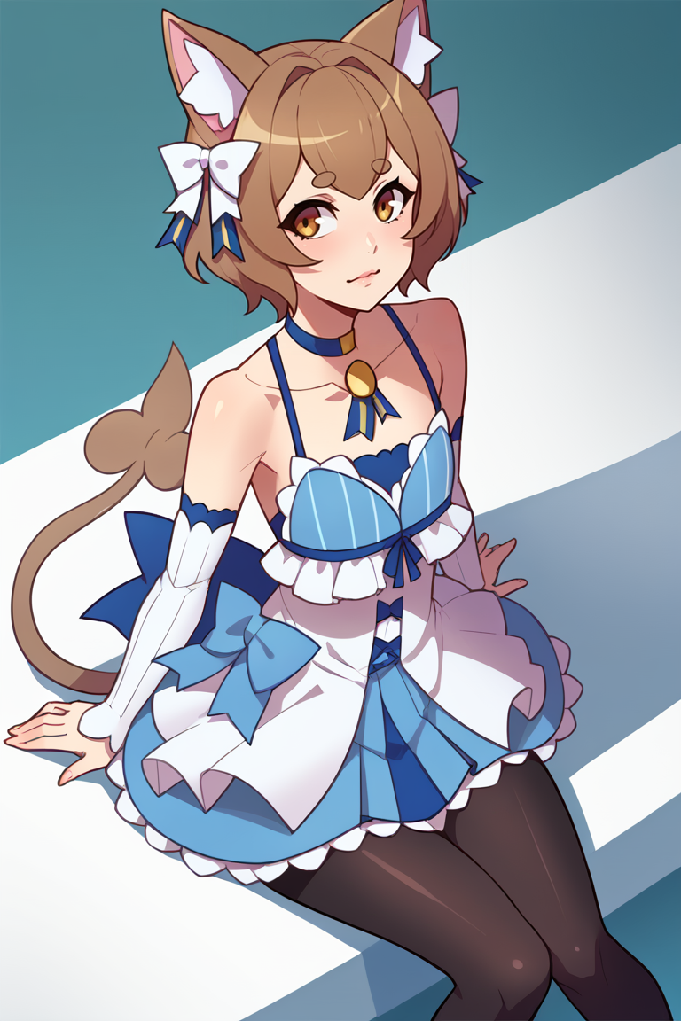 score_9, score_8_up, score_7_up, BREAK, <lora:balsamique-guy-PONYv1:1>, 1girl, solo, <lora:rezero_felixargyle_ponyXL:0.9> felix argyle, otoko no ko, hair bow, dress, striped, ribbon, detached sleeves, pantyhose, blue choker, tail, collarbone, bare shoulders, sitting,