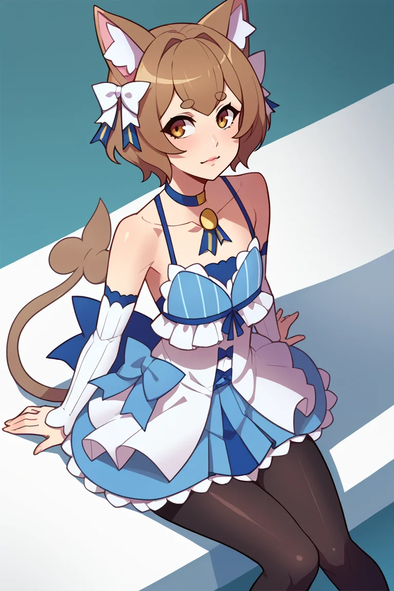 score_9, score_8_up, score_7_up, BREAK, <lora:balsamique-guy-PONYv1:1>, 1girl, solo, <lora:rezero_felixargyle_ponyXL:0.9> felix argyle, otoko no ko, hair bow, dress, striped, ribbon, detached sleeves, pantyhose, blue choker, tail, collarbone, bare shoulders, sitting,