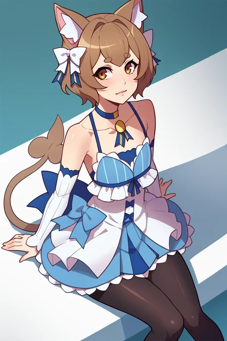 score_9, score_8_up, score_7_up, BREAK, <lora:balsamique-guy-PONYv1:1>, 1girl, solo, <lora:rezero_felixargyle_ponyXL:0.9> felix argyle, otoko no ko, hair bow, dress, striped, ribbon, detached sleeves, pantyhose, blue choker, tail, collarbone, bare shoulders, sitting,