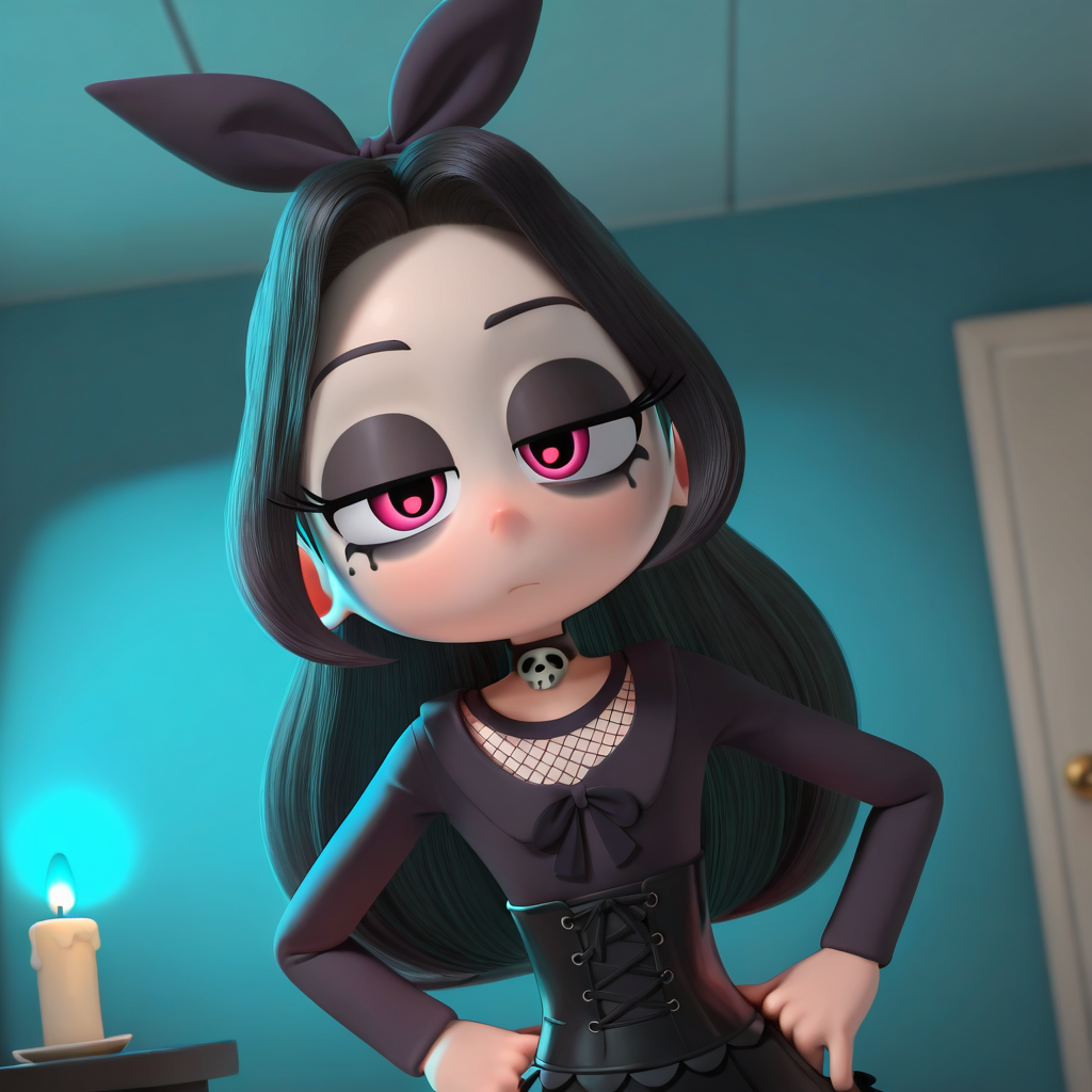 Red_Rub, 1girl, solo, pink eyes, Goth girl, black bow, black headband, black  eyeshadow, black makeup, black, black_hair, Pale white skin, Choker, black leather corset top, Mesh shirt, black long-sleeve Top, black ruffle Skirt, black knee-high Boots,  (Bored,dutch angle, Hands on hips,naughty pose, looking at viewer, indoors, Dark room, candle, blue light, skull, dynamic pose, upper body, head tilt,)