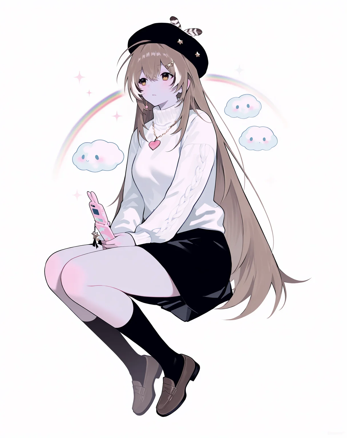 masterpiece, best quality, newest, absurdres, highres, dark, cinematic lighting,
1girl, nanashi mumei, parted lips, light blush, expressionless, curious,
solo, sitting, hands on lap, looking away, holding phone, white turtleneck sweater, black beret, black skirt, brown loafers, cotton sweater,
white background, simple background, sparkle, heart, star, clouds, rainbow,
dynamic pose, <lora:Lunas-Gyuing666-IllustriousXL-EXP1:1>
