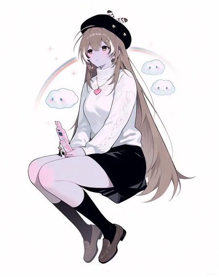 masterpiece, best quality, newest, absurdres, highres, dark, cinematic lighting,
1girl, nanashi mumei, parted lips, light blush, expressionless, curious,
solo, sitting, hands on lap, looking away, holding phone, white turtleneck sweater, black beret, black skirt, brown loafers, cotton sweater,
white background, simple background, sparkle, heart, star, clouds, rainbow,
dynamic pose, <lora:Lunas-Gyuing666-IllustriousXL-EXP1:1>