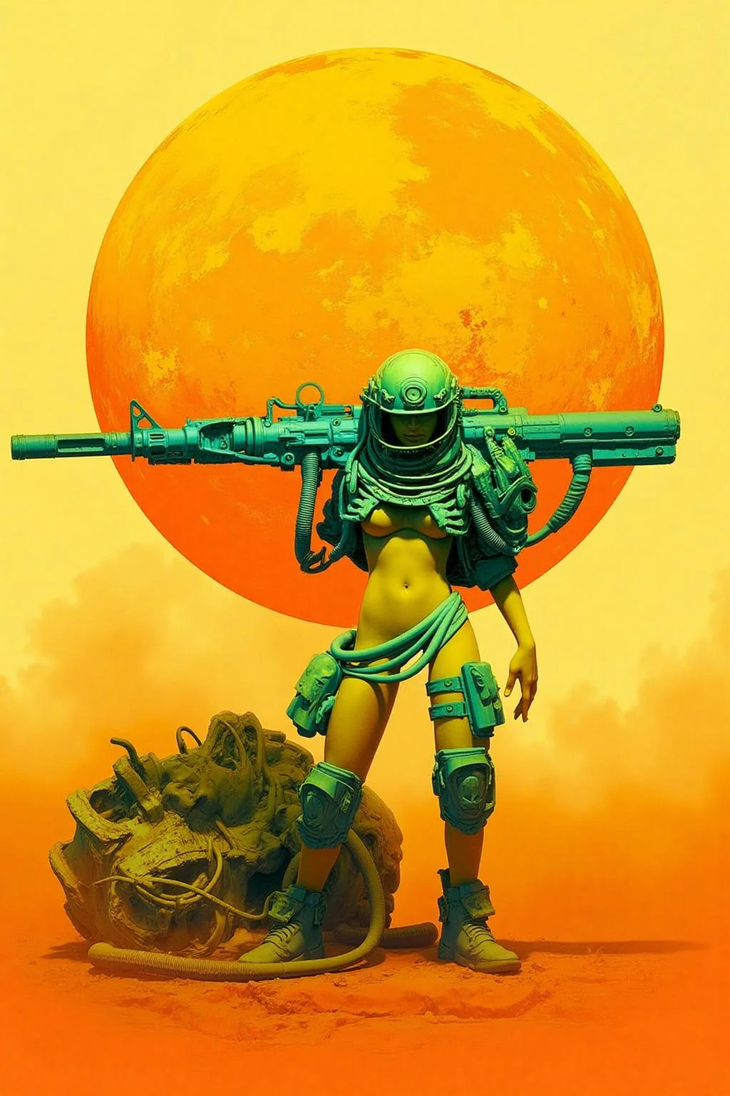 pascalblanche1 illustration.
An armored woman standing on an orange-hued landscape. She is wearing greenish-blue armor with mechanical details and a helmet, holding a large futuristic weapon over her shoulder. To the left is a pile of debris from a destroyed structure. A large orange celestial body dominates the sky in the background. <lora:pascalblanche1_cap_d8a4:1.0><lora:860252315456696054:0>