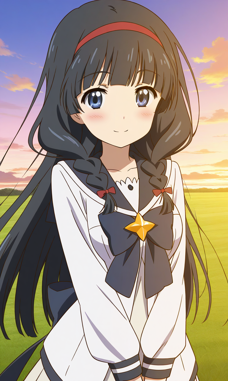general,highres, ultra-detailed,very aesthetic,best quality ,best hands,  BREAK <lora:Itsuki_Houkago_no_Pleiades_IS:1> BREAK,
Itsuki(Pleiades), 1girl,solo, black hair, long hair, blue eyes, red hairband, twin braids, blunt bangs,breasts, anime coloring, BREAK,
 solo,  school uniform, blush, smile, cloud, sky, serafuku, upper body, long sleeves, cloudy sky, closed mouth, shirt, ribbon, v arms, blush, open mouth,
grass, sky, smile,looking at viewer, cowboy_Shot,
