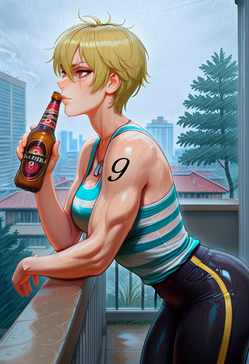 masterpiece, high quality, b4lt1k49, 1girl, solo, blonde hair, short hair, hair between eyes, red eyes, long chin, wide jaw, scar across eye, bandaid on nose, dog tag, muscular, tattoo, cowboy shot, white and blue striped tank top, one hand holding bottle, alcohol, cigarette, black leggings, balcony, ebenya, building, cityscape, overcast weather, wet trees, tree, from side, leaning on rails, grey sky, leaning forward, profile, raining, rain,