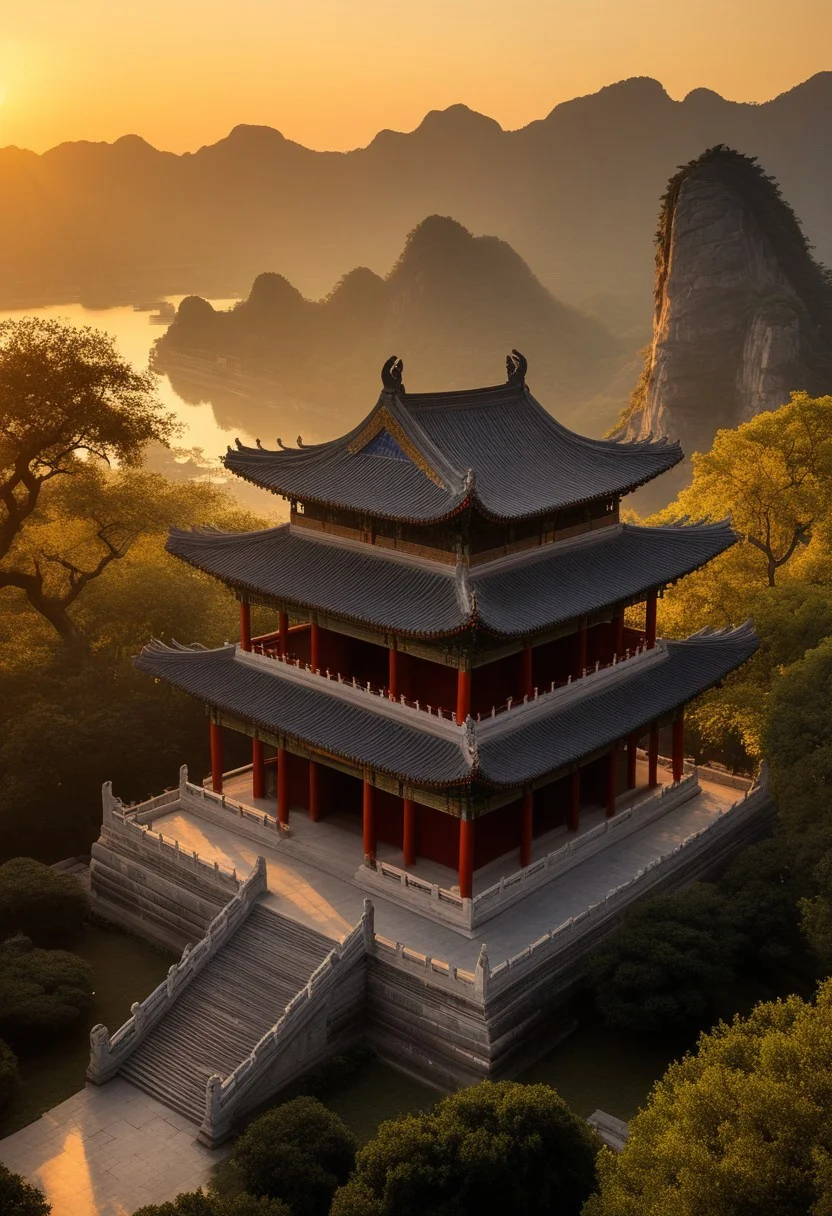 Altar and Temple Architecture: An illustrative depiction of a traditional Chinese altar or temple,a testament to China's deep-rooted cultural heritage,under the serene backdrop of a setting sun.,
The image presents a well-preserved altar or temple,a symbol of ancient Chinese architecture,standing in its full glory against the warm,golden light of the sunset. The structure,with its sweeping roof,intricate carvings,and balanced proportions,is bathed in the soft glow of the declining day,highlighting the temple's historical and spiritual significance.,
The temple's silhouette is accentuated by the sunset,creating a striking contrast between the ancient stonework and the vibrant sky. The scene evokes a sense of reverence and tranquility,encapsulating the essence of China's architectural and cultural legacy.,
This portrayal captures the timeless beauty of altar and temple architecture in China,with the sunset serving as a metaphor for the enduring spirit of Chinese tradition and the passage of time. The image conveys a deep appreciation for the artistry and craftsmanship of ancient Chinese builders,and the enduring relevance of these sacred structures in contemporary society.,