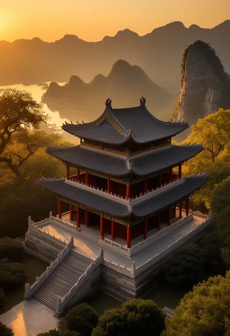 Altar and Temple Architecture: An illustrative depiction of a traditional Chinese altar or temple,a testament to China's deep-rooted cultural heritage,under the serene backdrop of a setting sun.,
The image presents a well-preserved altar or temple,a symbol of ancient Chinese architecture,standing in its full glory against the warm,golden light of the sunset. The structure,with its sweeping roof,intricate carvings,and balanced proportions,is bathed in the soft glow of the declining day,highlighting the temple's historical and spiritual significance.,
The temple's silhouette is accentuated by the sunset,creating a striking contrast between the ancient stonework and the vibrant sky. The scene evokes a sense of reverence and tranquility,encapsulating the essence of China's architectural and cultural legacy.,
This portrayal captures the timeless beauty of altar and temple architecture in China,with the sunset serving as a metaphor for the enduring spirit of Chinese tradition and the passage of time. The image conveys a deep appreciation for the artistry and craftsmanship of ancient Chinese builders,and the enduring relevance of these sacred structures in contemporary society.,