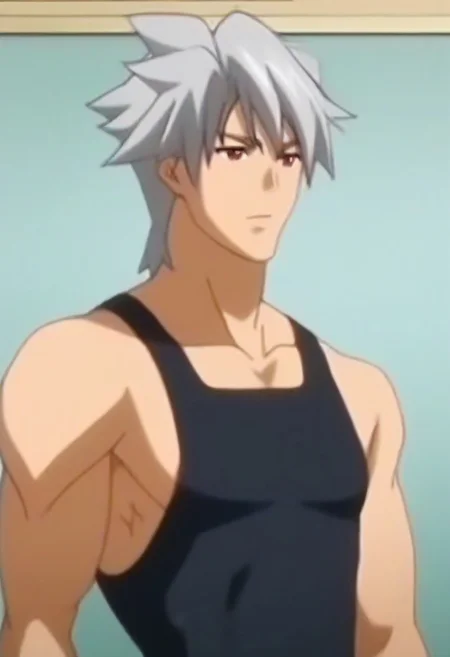 ((masterpiece)), ((best quality)), ((ultra-detailed)), ((absurdres)), score_9_up, score_8_up, score_7_up,
HD, top quality, best quality, amazing quality, High-quality illustrations, anime screencap, source_anime, best aesthetic, perfect proportions, perfect eyes, 1boy, 1male, solo boy, solo male, male focus, solo male focus, Anime, boy, male anime character, anime boy, handsome, cute, charming, sexy, good-looking, Yuki Asahina, silver-gray hair, red eyes, ((black tank top)), ((black wristbands)), ((dark green pants)), ((fit body, hunk body)), ((front view, front shot, facing front, view from the front)), ((cowboy shot, head to hips shot)), ((classroom)), easynegative, updn, Expressiveh, masterpiece, best quality, very aesthetic, absurdres