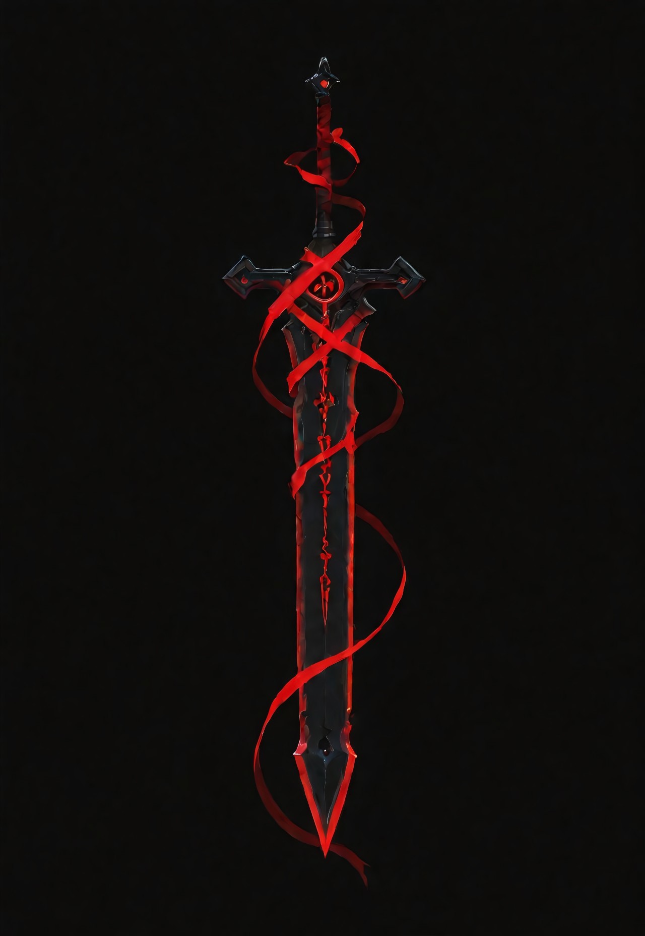 lazypos, vera_awa, EdgeOfAvarice, greatsword, glowing red runes, dark fantasy, demonic weapon, elegant, single weapon, extremely high detail, glowing runes, power, flowing ribbon, black background, dutch angle, floating, crimson energy 