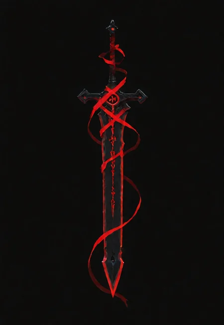 lazypos, vera_awa, EdgeOfAvarice, greatsword, glowing red runes, dark fantasy, demonic weapon, elegant, single weapon, extremely high detail, glowing runes, power, flowing ribbon, black background, dutch angle, floating, crimson energy