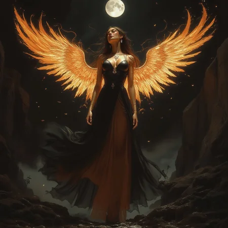 woman made of fire, seductive, tall, long hair, night dress, high heels, flying like an angel, full moon on background, EE_DA