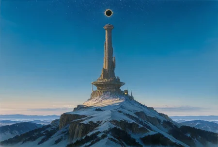 best quality, amazing quality, very aesthetic, absurdres, masterpiece,
(nihei tsutomu:0.8), realistic, traditional media,
no humans, landscape, mountains, distant tower,
black stars \(sky\), two suns, black sun, starry sky, blue sky, black sunlight,
<lora:norman_rockwell_illustrious_v0_1_v1:0.5> , norman rockwell,