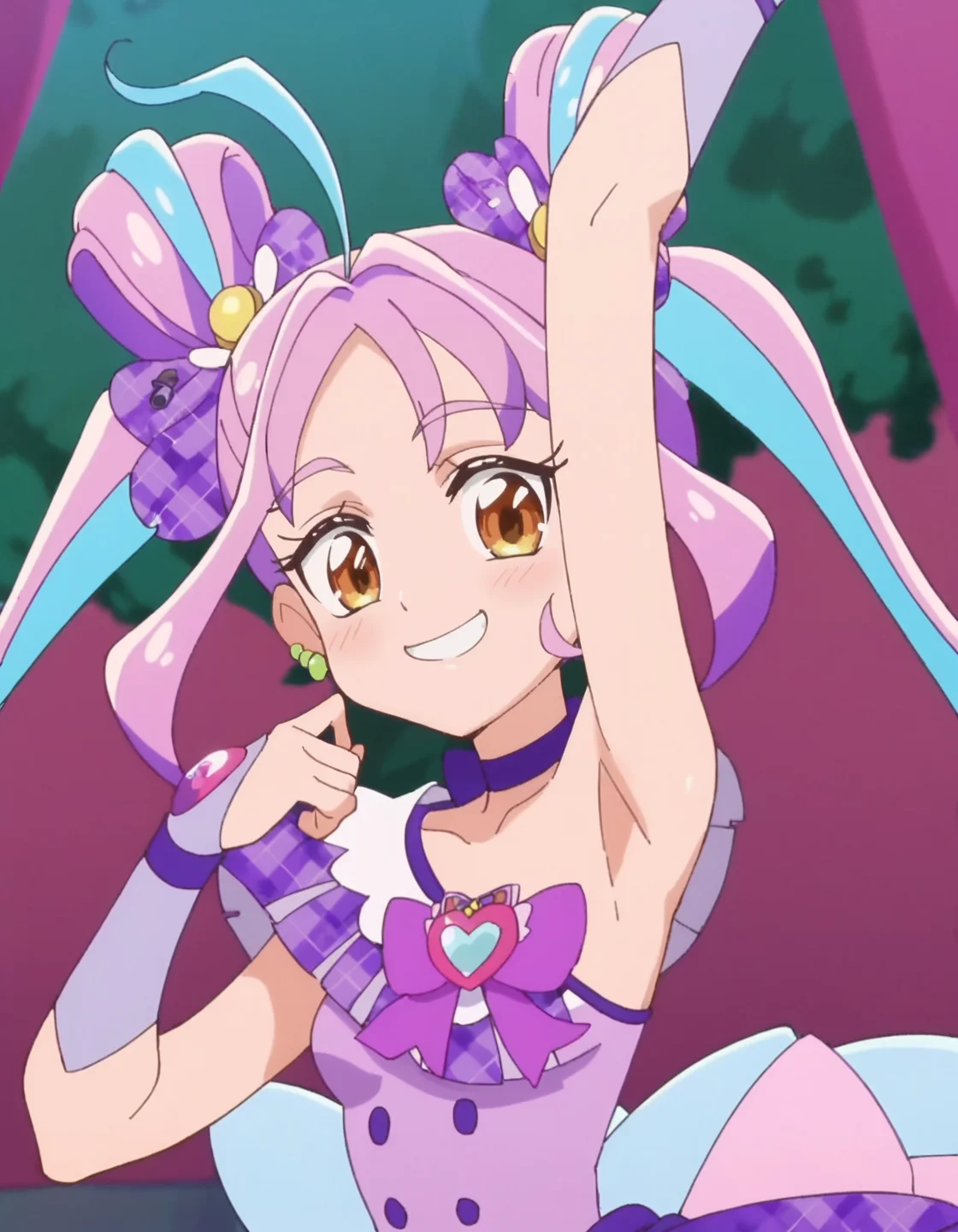 score_9, score_8_up, score_7_up, anime screencap,solo,1girl,curekyunkyun, purple choker, jewelry, dress, looking at viewer, magical girl, earrings, choker,dress, bow, wrist cuffs, hair ornament,small breasts,smile,blush,
armpit<lora:curekyunkuyn_pony:0.8>