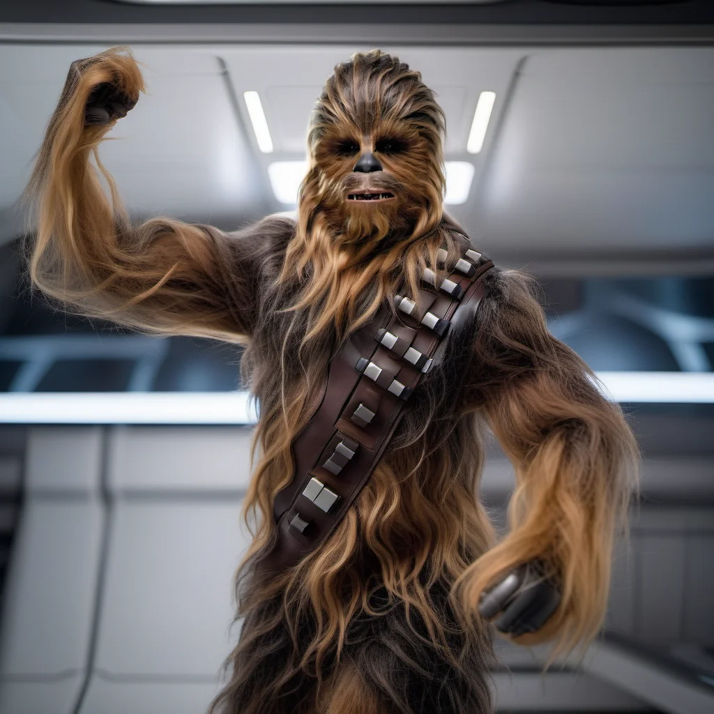 Chewbacca1024, a furry very muscular humanoid, full body,flexing muscle pose, in a spaceship, detailed eyes, highly detailed, photography, ultra sharp, film, bokeh, professional, 4k   <lora:Chewbacca1024:0.8>