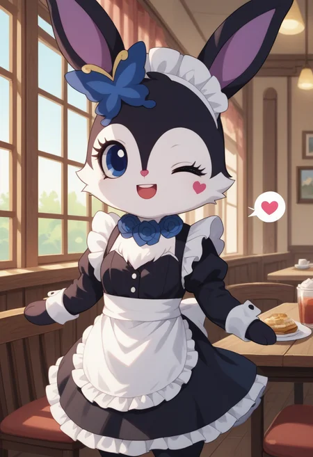 score_9, score_8_up, score_7_up, score_6_up, score_5_up, BREAK
luea, feral, solo, blue eyes, rabbit, furry, rabbit ears, black fur, purple inner ear, white chest fur, white face, chibi, body fur, (blue butterfly hair ornament), (blue rose necklace), 1girl, looking at viewer, cafe, maid outfit, maid headdress, tray, one eye closed, smile, happy, spoken heart