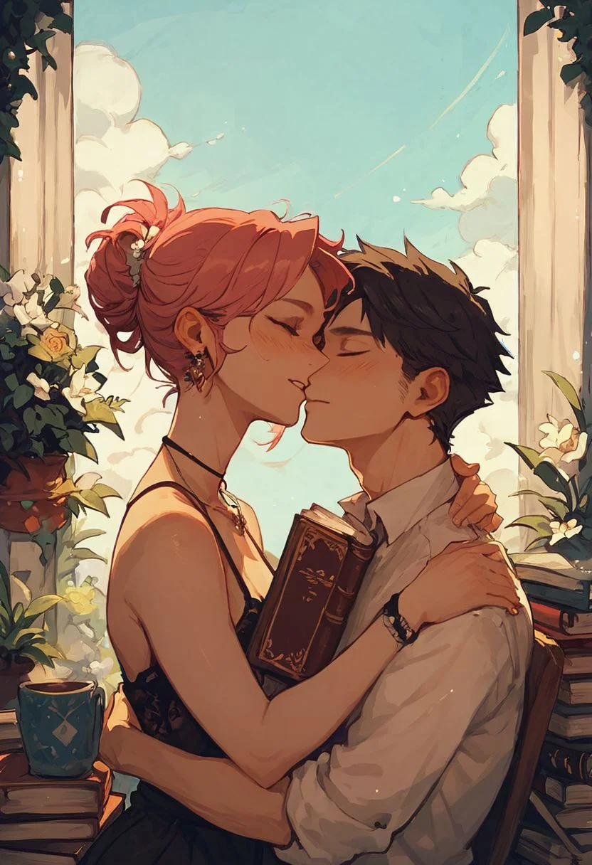 ((score_9, score_8_up, score_7_up)), bookcover illustration for a romance novel, dustcover has a round window, an illustration of a wholesome and lovely image of 1woman and 1man hugging, in the style of 1980's romance book cover,