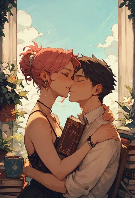 ((score_9, score_8_up, score_7_up)), bookcover illustration for a romance novel, dustcover has a round window, an illustration of a wholesome and lovely image of 1woman and 1man hugging, in the style of 1980's romance book cover,