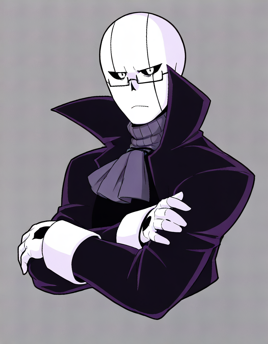 solo, looking at viewer, simple background, 1boy, gloves, upper body, male focus, glasses, grey background, ascot, crossed arms, colored sclera, cropped torso, high collar, under-rim eyewear, black sclera, popped collar, <lora:XGaster:0.8>, neg \(101neg\)