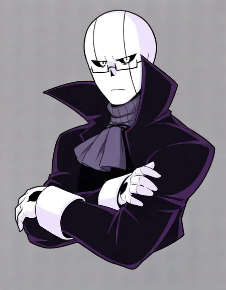 solo, looking at viewer, simple background, 1boy, gloves, upper body, male focus, glasses, grey background, ascot, crossed arms, colored sclera, cropped torso, high collar, under-rim eyewear, black sclera, popped collar, <lora:XGaster:0.8>, neg \(101neg\)
