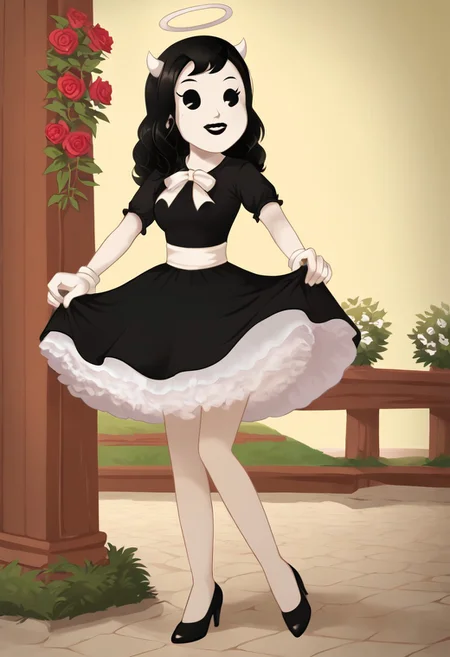 (Masterpiece, best quality:1.2), score_9, score_8_up, flat color, flat shading, soft shading, lighting, Alice Angel in a 1950's dress, a fluffy frilly ruffled full petticoat, and high heels, dress, layered petticoat, frilly petticoat, fluffy petticoat, full petticoat, wide dress, flowing dress, solid colored skirt, short sleeves, black hair, Bendy and The Ink Machine, series accurate, cute, best high quality, high res, black lips, white colored skin, whole body shot, 1girl, solo, outside, posing, in a garden, cute, adorable, smile, skirt tug, ground level angle, dress lift, cartoon, cartoon style, vector, solo, circle dress, 1950s, alice angel
