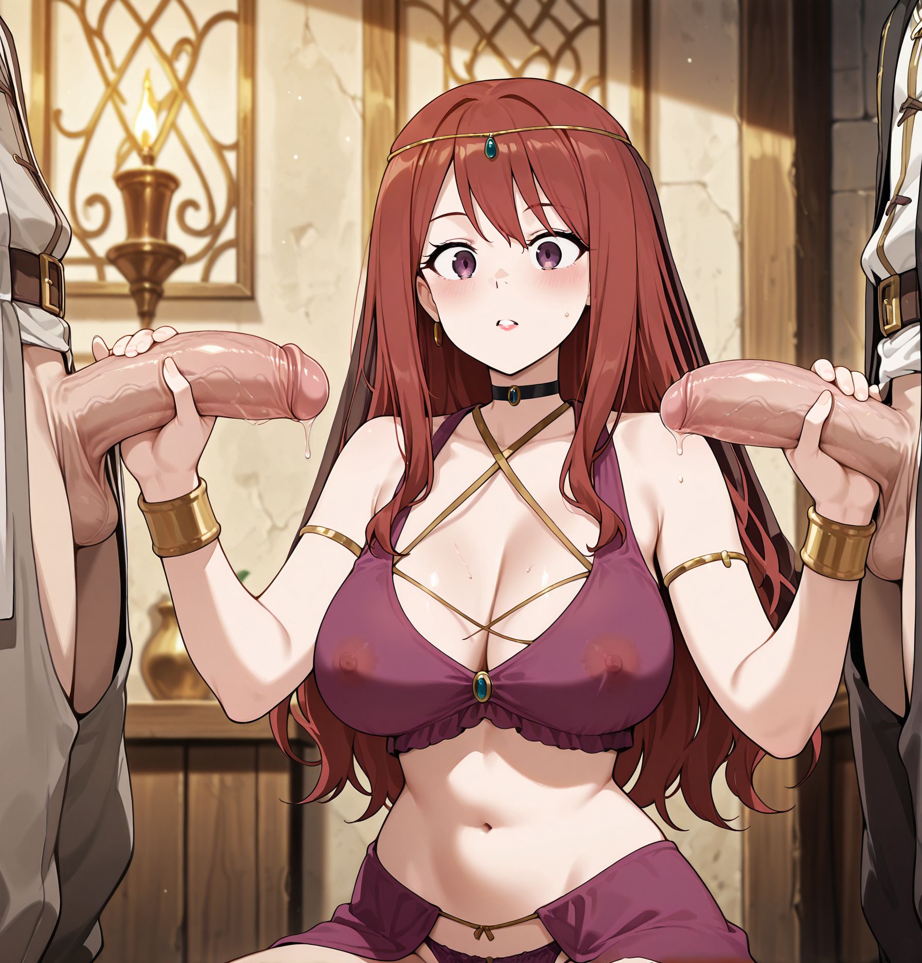 masterpiece, best quality, newest, absurdres, highres, detailed eyes, beautiful, detailed background, perfect eyes, anime coloring, anime screencap,
<lora:Flaccid_penis:1>Flaccid_penis_V1,
1girl, handjob, flaccid penis, long penis, standing over woman, looking at crotch, surprised,scared, confused,
(2boys:1.2),hetero,double handjob, 
<lora:MushokuTensei_Elise_IlluXL:0.9>,blush, red hair, long hair, purple eyes, circlet, lipstick, veil, harem outfit, arabian clothes, black choker, bare shoulders, halterneck, armlet, sarog, purple panties, see-through, 
BREAK Rudeus Greyrat, brown hair,