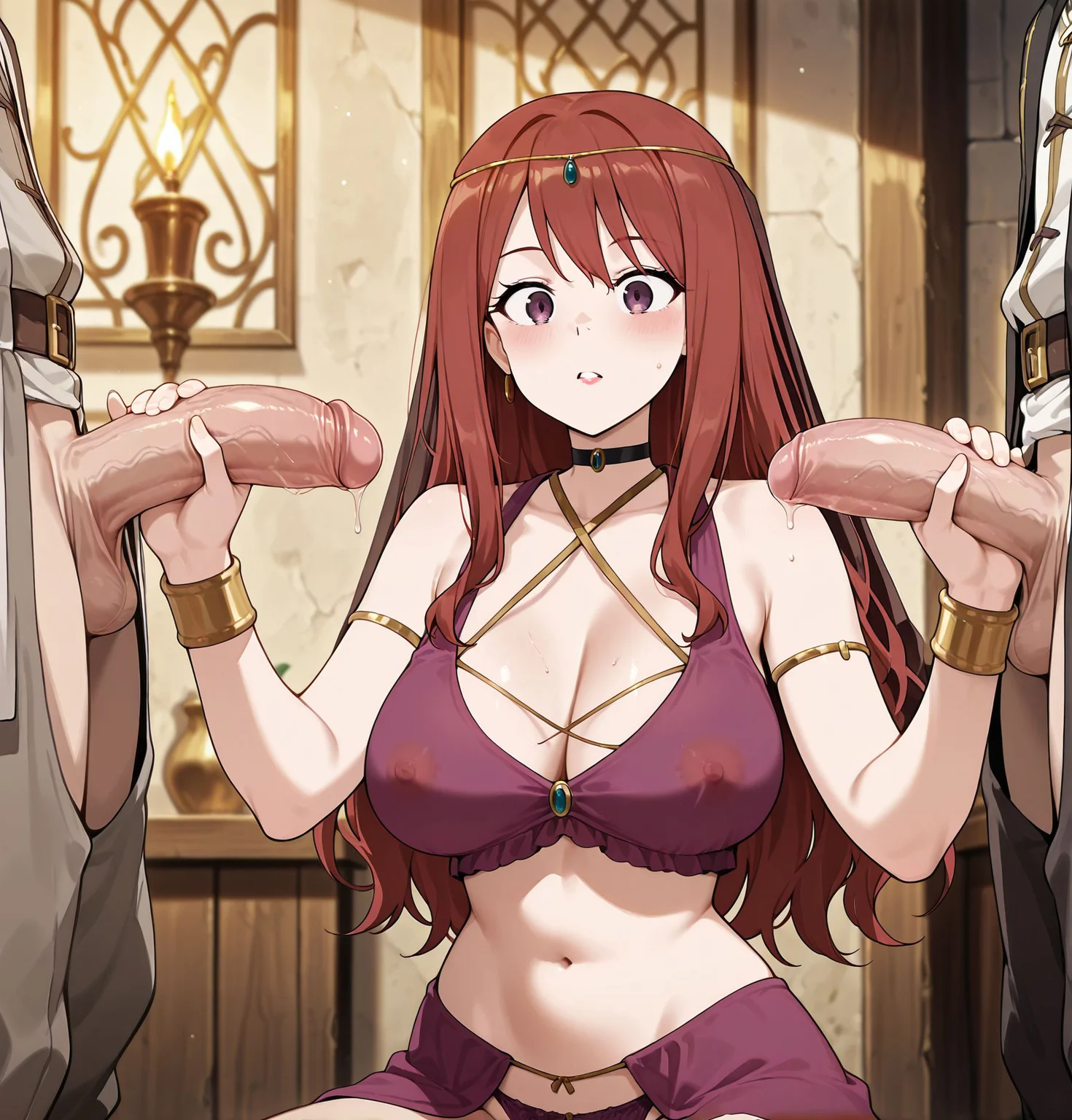 masterpiece, best quality, newest, absurdres, highres, detailed eyes, beautiful, detailed background, perfect eyes, anime coloring, anime screencap,
<lora:Flaccid_penis:1>Flaccid_penis_V1,
1girl, handjob, flaccid penis, long penis, standing over woman, looking at crotch, surprised,scared, confused,
(2boys:1.2),hetero,double handjob,
<lora:MushokuTensei_Elise_IlluXL:0.9>,blush, red hair, long hair, purple eyes, circlet, lipstick, veil, harem outfit, arabian clothes, black choker, bare shoulders, halterneck, armlet, sarog, purple panties, see-through,
BREAK Rudeus Greyrat, brown hair,