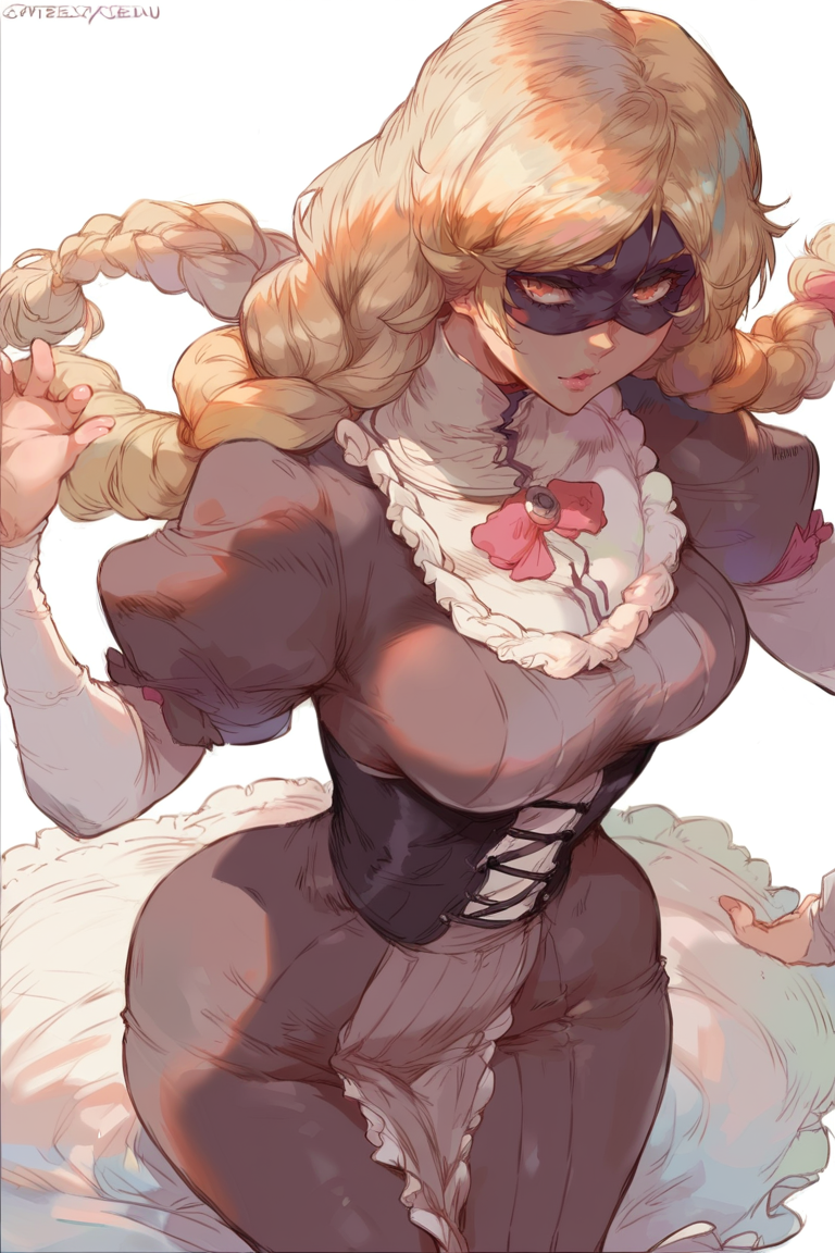 <lora:CuteSexyRobutts:1>, score_9, score_8_up, score_7_up, score_6_up, score_5_up, rating_questionable, source cartoon
1girl, pretty face, pretty eyes, detailed eyes, HD eyes, eyebrows, lips, parted lips, pink lips, supple lips
standing, cowboy shot wide hips, athletic, thick thighs, medium breasts, perfect breasts, round breasts, round hips
pale skin, platinum blonde hair, bleach blonde hair, blonde hair, long hair, very long hair, braid, shiny hair, orange eyes
victorian dress, frilled dress, puffy sleeves, grey dress, black corset
simple background, white background