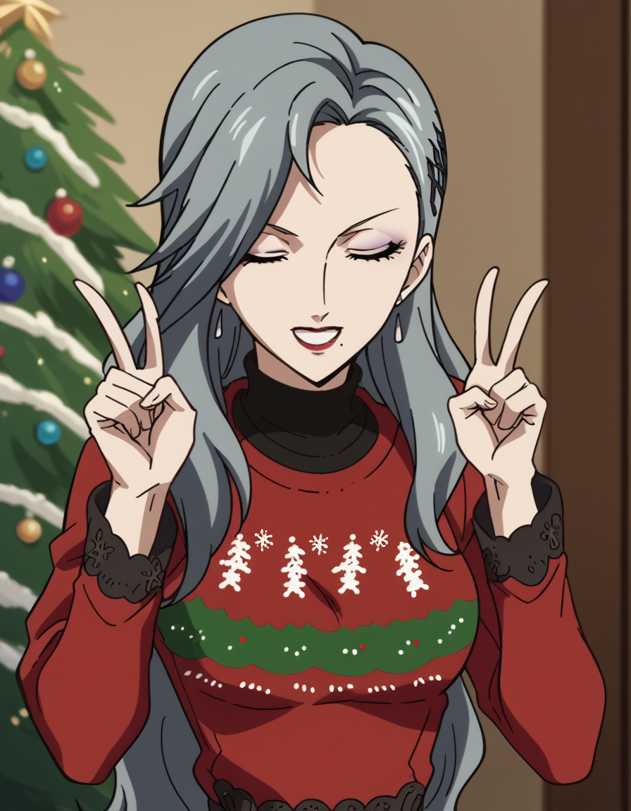 score_9, score_8_up, score_7_up, source_anime, <lora:sae-niijima-s1-ponyxl-lora-nochekaiser:1>, sae niijima, long hair, hair ornament, brown eyes, grey hair, makeup, lipstick, mole under mouth, red lips, medium breasts, mature female, anime screencap, <lora:christmas-sweater-ponyxl-lora-nochekaiser:1>, christmas sweater, christmas, ugly sweater, print sweater, red sweater, christmas tree, christmas ornaments, sweater, multicolored sweater, , v, smile, hands up, teeth, closed eyes, cowboy shot,, , dutch angle, cowboy shot