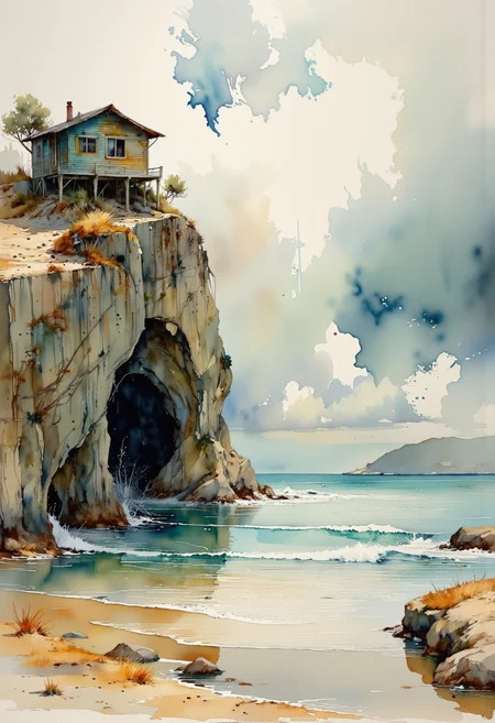 The image is a watercolor painting of a coastal cliffs. The painting is done in a realistic style with vibrant colors and intricate details. The focal point of the image is the ocean, which is a deep blue-green color and is surrounded by rocky cliffs. On the left side of the painting, there is a cliff with a wooden house on top. The structure is painted in shades of blue, green, and yellow, with a few windows and a chimney. At the bottom of the cliff below the house is the entrance to a large sea cavern. The sky is filled with white, fluffy clouds, and the horizon line is visible in the distance. The water is a light blue, and there are small waves crashing onto the shore. The beach is sandy and rocky, with patches of orange and brown vegetation scattered throughout. The overall mood of the scene is peaceful and serene. Ultrafine painting.