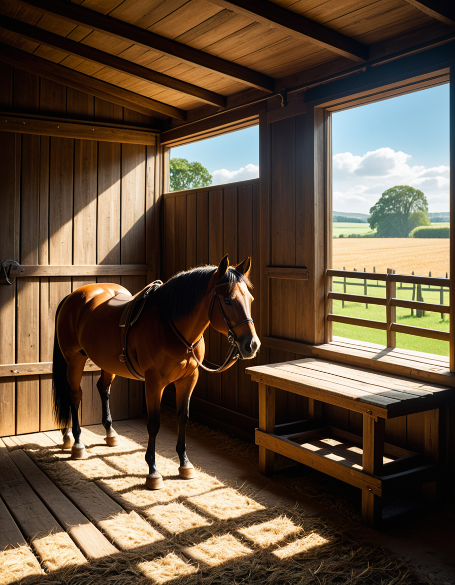 A rustic horse stable in the countryside, built with aged wooden beams and stone foundations, bathed in warm golden sunlight. The stable doors are slightly open, revealing the soft hay-covered floor inside. Horses stand calmly in their stalls, their glossy coats catching the light. Dust particles float in the air, illuminated by the sunbeams filtering through the gaps in the wooden planks. The atmosphere is serene, with a vintage, timeless feel. Weathered saddles and bridles hang neatly on the stable walls, and an old wooden cart sits nearby. The background features rolling green fields and a clear blue sky, creating a peaceful rural setting. Ultra-detailed, photorealistic, warm tones, cinematic lighting, sharp textures.
<lora:SDXLFaeTastic2400:0.4> <lora:extremely_detailed:0.4> extremely detailed,<lora:rustic_horse_st4bl3:1>,rustic horse st4bl3, Masterpiece,best quality,hi res,8k,hi res,8k,award winning,(sharp focus, intricate, highly detailed),