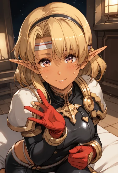 score_9, score_8_up, score_7_up, score_6_up, score_5_up, score_4_up, detailed, intricate details, source_anime, , (best quality) , (highly detailed) ,((masterpiece)), ((best quality)), (ultra-detailed), ((extremely detailed)), (high resolution), 4K, (8K), best quality, (beautiful), (dynamic lighting), (super detailed skin), sharp focus, (1_girl, solo focus), score_9,score_8_up,score_7_up,anime coloring, 1girl,solo, <lora:sonia_p_v1.5>,pointy ears,dark-skinned female, Dark skin, Dark elf,long hair,blonde hair, medium breasts, medium hair, headband, shiny skin, black bodysuit, red gloves,looking at viewer, purple eyes, sweat, shush gesture, from above, smile,kneeling,sweat,blush,breath ,gesturing with her index finger in a silent "shush" gesture. , dim lights , night, factory <lora:Pletwo_Onimal_Style_PonyXL-v1-000010:1>,Face Focus, Upper Body , detailed face and detailed skin <lora:add-detail-xl:1.0> ,(((feminine bodies))),(((perfect anatomy))),