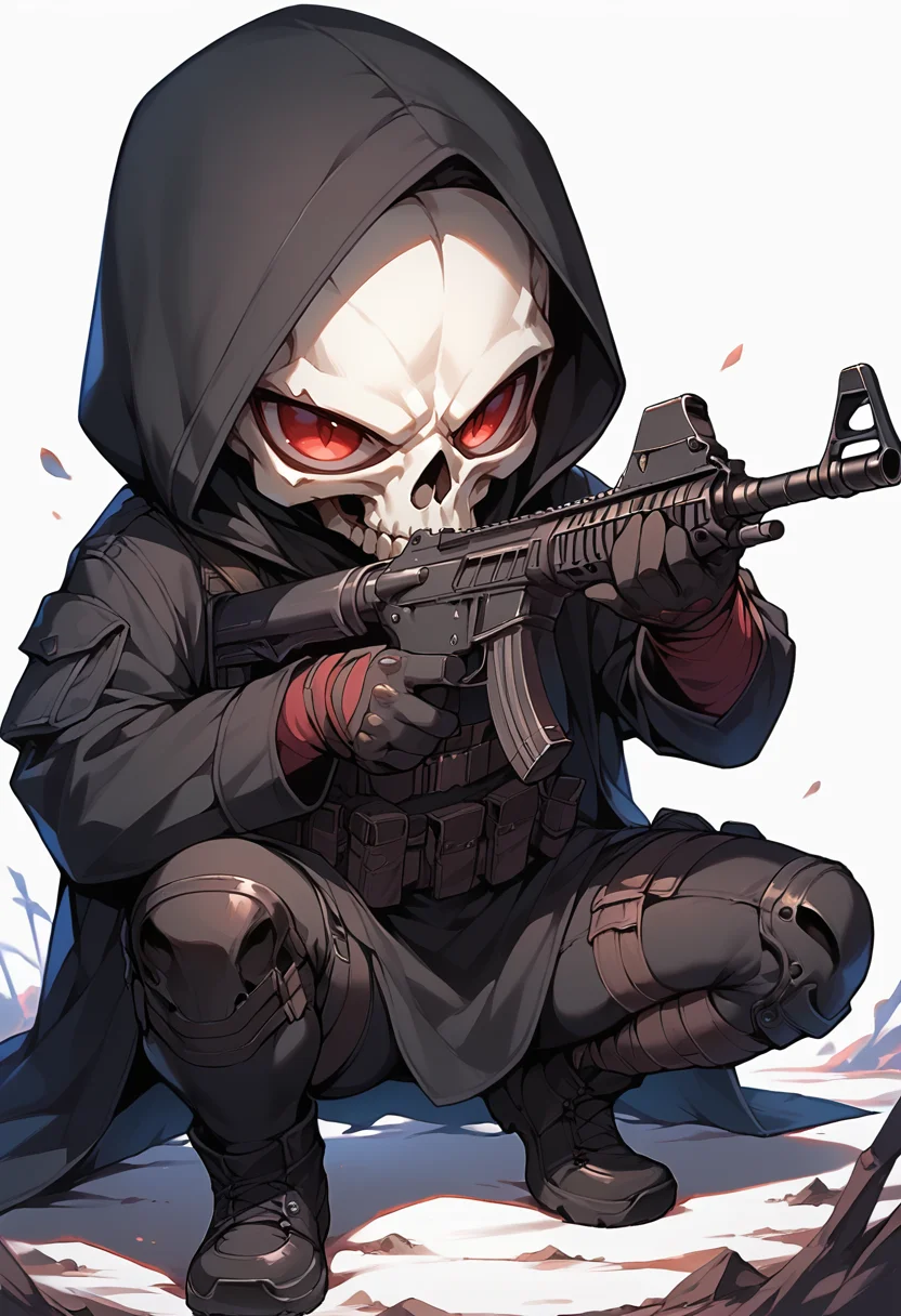 (score_9, score_8_up), score_7_up, chibi, cute, red eyes, simple background, red eyes, black gloves, 1boy, white background, holding, weapon, male focus, black hood, holding weapon, gun, black mask, squatting, holding gun, black cloak, (all black attire:1), rifle, skull, pouch, assault rifle, one knee, skeleton, black trench coat, black skull mask
<lora:warcore-000011:0.9>