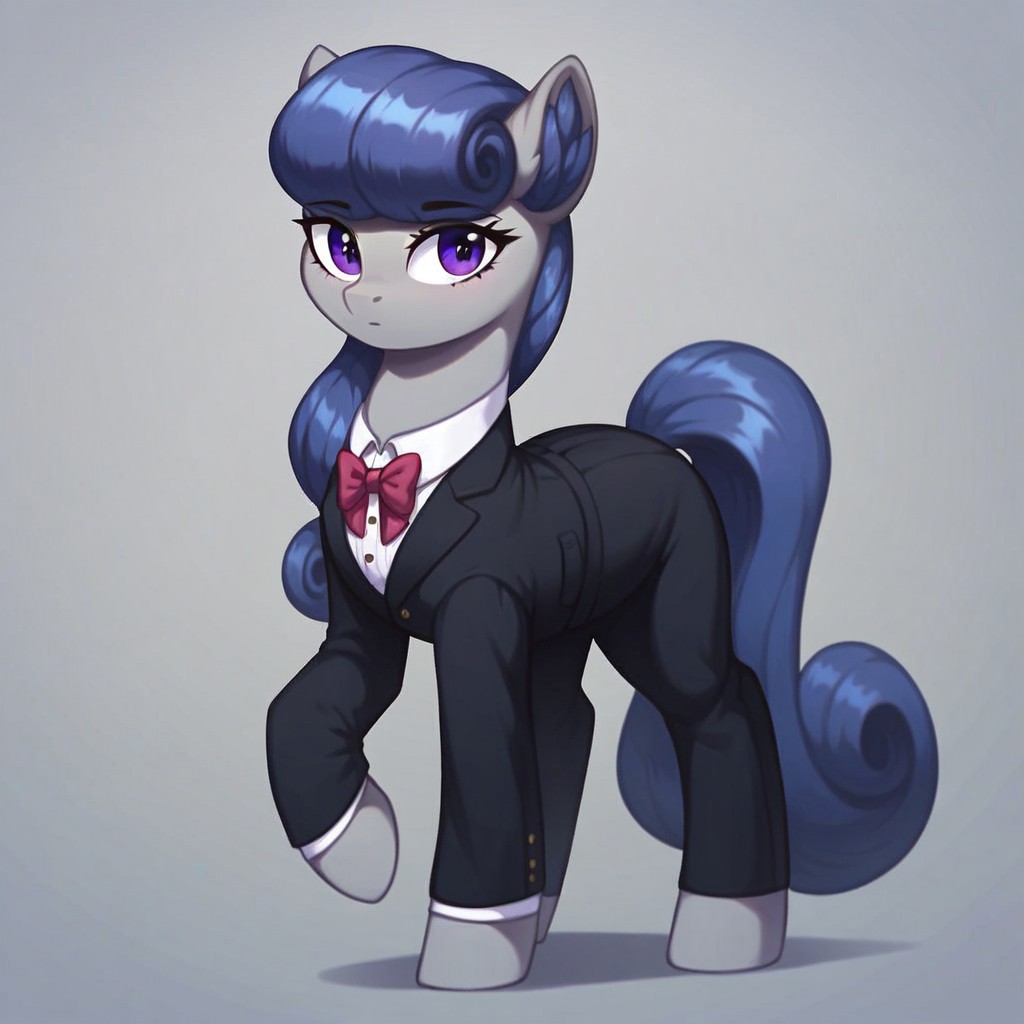masterpiece, score_9_up, score_8_up, score_7_up, score_6_up, (best quality:1.1), ultra-detailed, high resolution, solo, BigSister, pony, mlp, feral, female, eyebrows, ((beautiful detailed purple eyes)), long eyelashes, female, fluffy pony ears, gray skin, black mane, tail, emotionless facial expression, dressed, black suit, detailed facial features, standing, full body, expressiveh, simple background, highly visible, sharp focus, anatomically correct