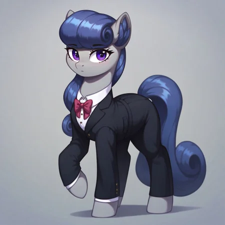 masterpiece, score_9_up, score_8_up, score_7_up, score_6_up, (best quality:1.1), ultra-detailed, high resolution, solo, BigSister, pony, mlp, feral, female, eyebrows, ((beautiful detailed purple eyes)), long eyelashes, female, fluffy pony ears, gray skin, black mane, tail, emotionless facial expression, dressed, black suit, detailed facial features, standing, full body, expressiveh, simple background, highly visible, sharp focus, anatomically correct