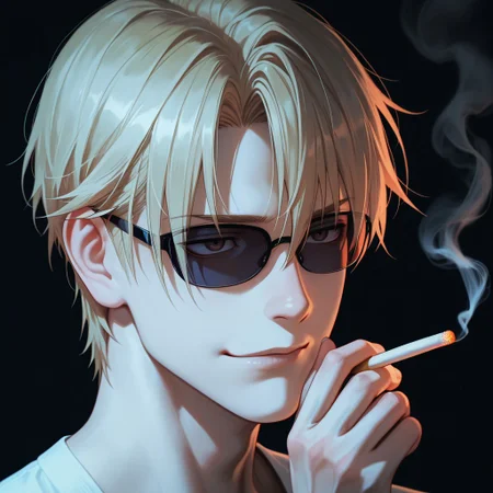 masterpiece, best quality, amazing quality, absurdres, newest, detailed background, definition so sharp, Ultra-HD, 8K cinematic, very awa, impressionate, amazing quality, highres,
solo, male focus, manly,
1boy, short hair, izumo_blonde, izumo_brown eyes, izumokusanagi, sunglasses \(on face\), holding cigarette, smoke, intricate smoke, ethereal, soft light, dark background, slight smirk, alluring, pensive, calm, cool colors, blue light, close up, thoughtful expression,