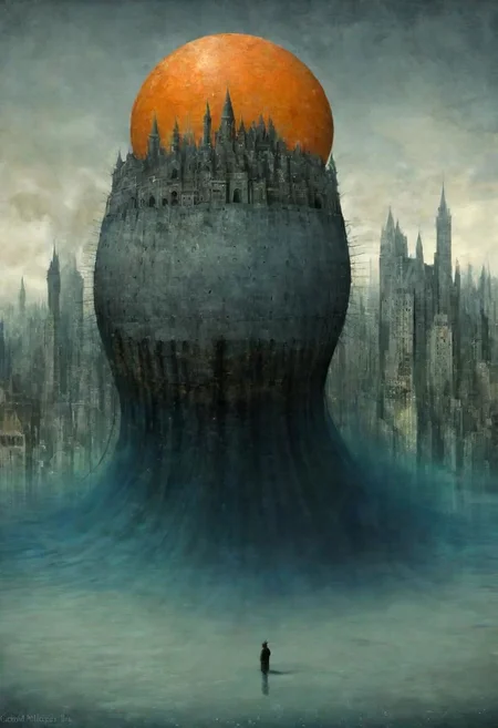 Neo Surrealism, overwhelmed by reason, by Gabriel Pacheco and Max Ernst, existential residues dark shines surrealism, deep blue, gray and orange color scheme, fantasy Victorian art, magical realism bizarre art, pop surrealism, like Alice in wonderland, whimsical art. Climate Change Apocalypse: A submerged cityscape, partially submerged under rising tides, with skyscrapers half-drowned and choked by encroaching waters.