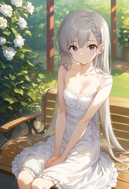 score_9, score_8_up, source_anime,
1 gril,solo,cute girl,petite girl,
white chiffon, sundress, no bra,
hskwhyt, very long hair, gray hair, braided bangs, hair between eyes, blue eyes, gray eyes, small breasts,flat chest, small perfect round breasts,
prairie,garden, wooden bench(no chair back),
sitting,sit on wooden bench,lean forward