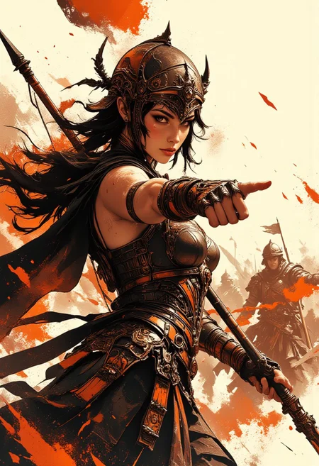 In the style of ff-td, Inkplash art on rice paper, sepia, henna , Silhouette Art, magnificent, inksplash poster art,  warrior woman in bronze age Greek armour, thrusting a spear towards the viewer, dynamic image, abstract battlefield background