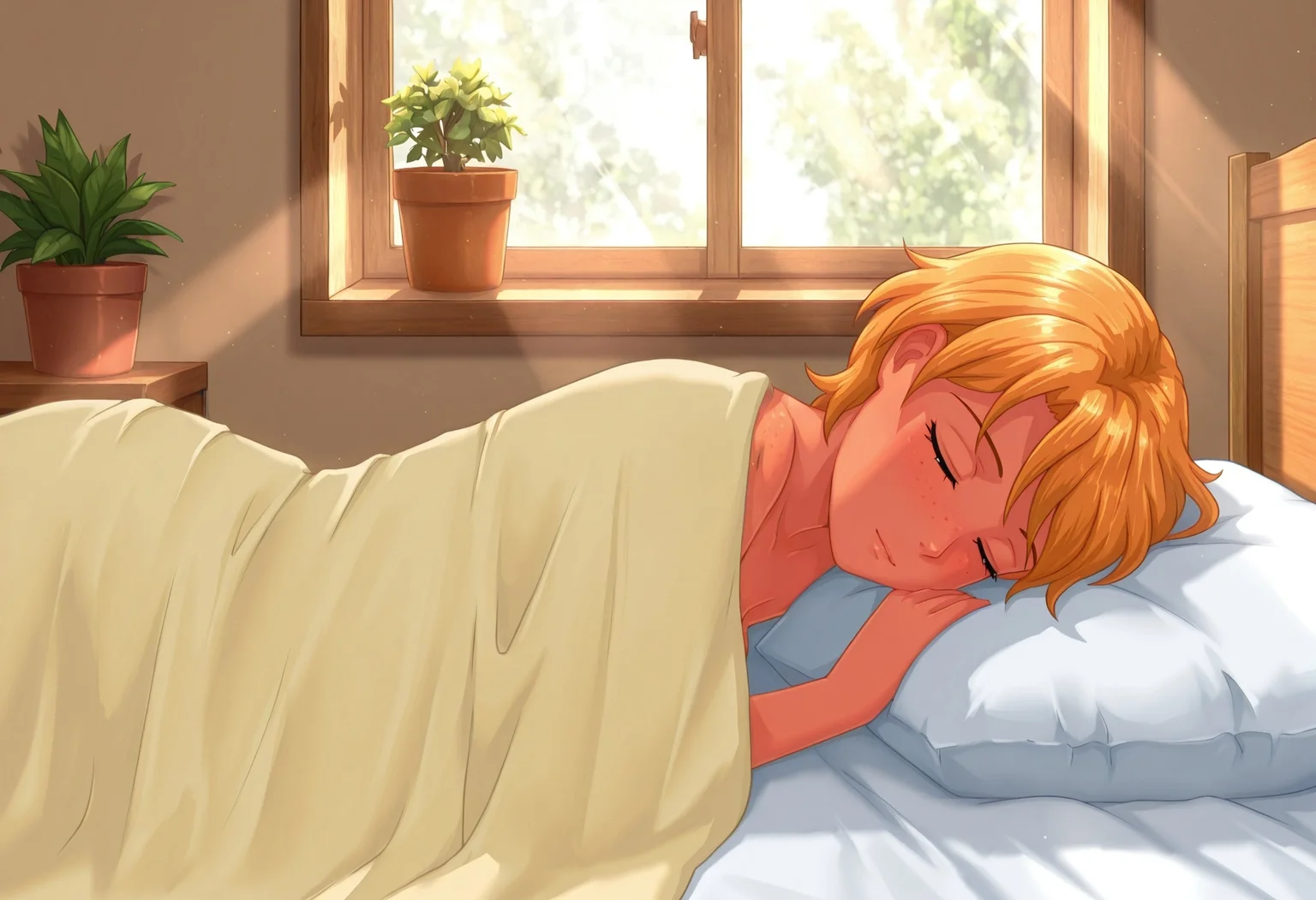 masterpiece, best quality, newest, absurdres, highres, detailed eyes, beautiful, detailed background, perfect eyes, (by huyase), AliceDV, orange hair, orange eyes, (middle hair:1.1), messy hair, face freckles, body freckles, tan skin,
amazing background, sleeping, nude, topless, middle breasts, female, fair skin, indoors, bed, pillow, yellow blanket, blanket covering breasts, potted plants, window, sunlight, peaceful, serene, relaxed, lying down, natural light, detailed, soft shading, delicate, cute, dreamy, daytime, cozy, warm, bedroom, soft colors, pastel colors, realistic textures, smooth skin, gentle expression, closed eyes, intimate, quiet, tranquility, comfort, delicate features, slender, smooth lines, elegant, soft focus, subtle highlights, detailed shading, light source from window, soft shadows, delicate proportions, feminine, beautiful, peaceful atmosphere, dreamy scene, intimate moment, serene mood, calming, soothing, restful, resting, tranquil scene
<lora:Dramatic Lighting Slider:2.5> <lora:add-detail-xl:3> <lora:Alice_illustriousXL_V2:0.8>