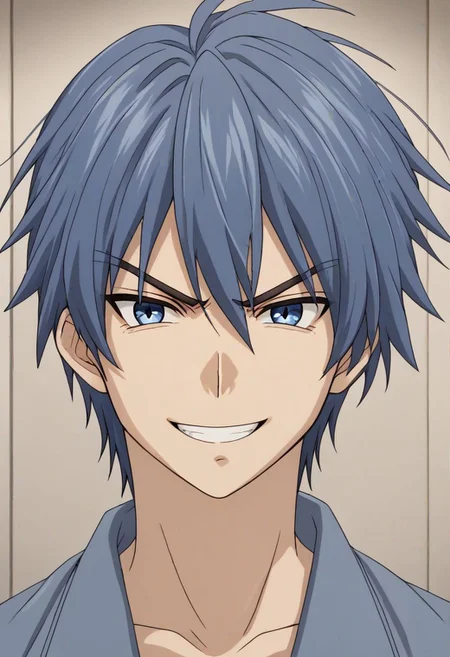 high resolution, solo, best quality, 1Boy, Tomoya Okazaki, Grey Blue Hair, portraits, looking at viewer, angry, gentle smile, OverallDetail