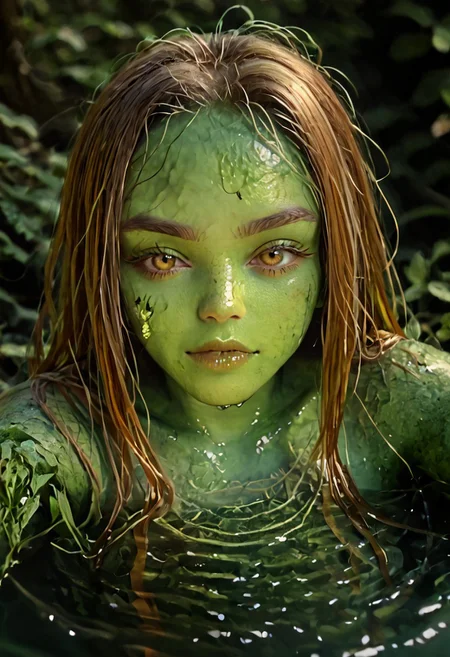 score_9, score_8_up, score_7_up, sexy bitch female round tits, green skin, green slime girl in swampy pit, amber hair, straight hair, water reeds, partially submerged, headshot, slime skin, transparent, high transparency