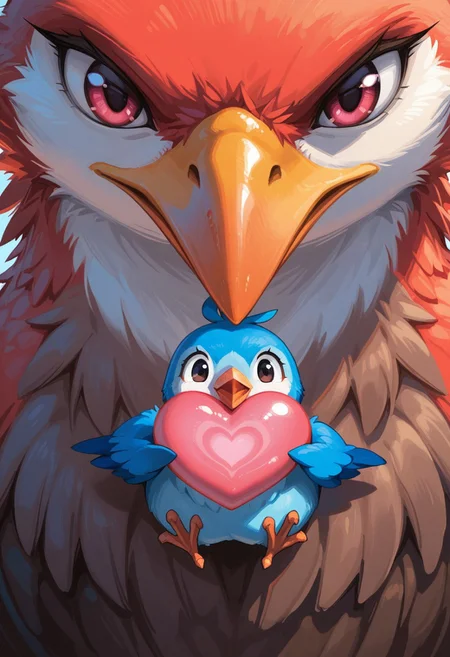 klskx ,  closeup, upper body
masterpiece, best quality, amazing quality,
no humans, two little colourful birds exchanging an heart shaped biquit holding it with their beaks. The birds are in their nest onto a colorful tree. Dusk