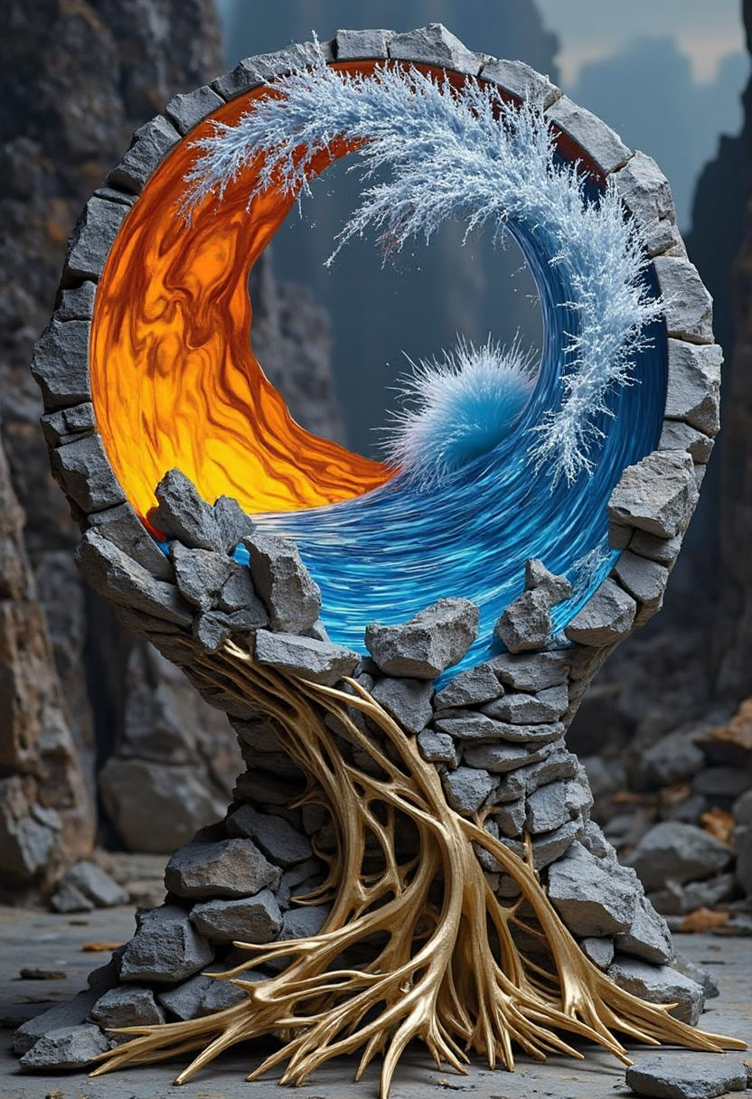 intricate yfg-patt3rn of, A surreal, highly detailed sculpture representing the elemental balance of fire and water. The sculpture features a crescent-shaped, molten rock structure glowing with fiery orange tones. Within the crescent, a powerful ocean wave is frozen in motion, with crystal-clear blue water forming a sphere. Jagged rock formations emerge from both the fiery and watery elements, blending seamlessly. The base of the sculpture is ornate, made of intricate, golden, and rocky textures. The background is a mystical, rocky landscape with a dark and moody atmosphere, enhancing the sense of mystery and grandeur.