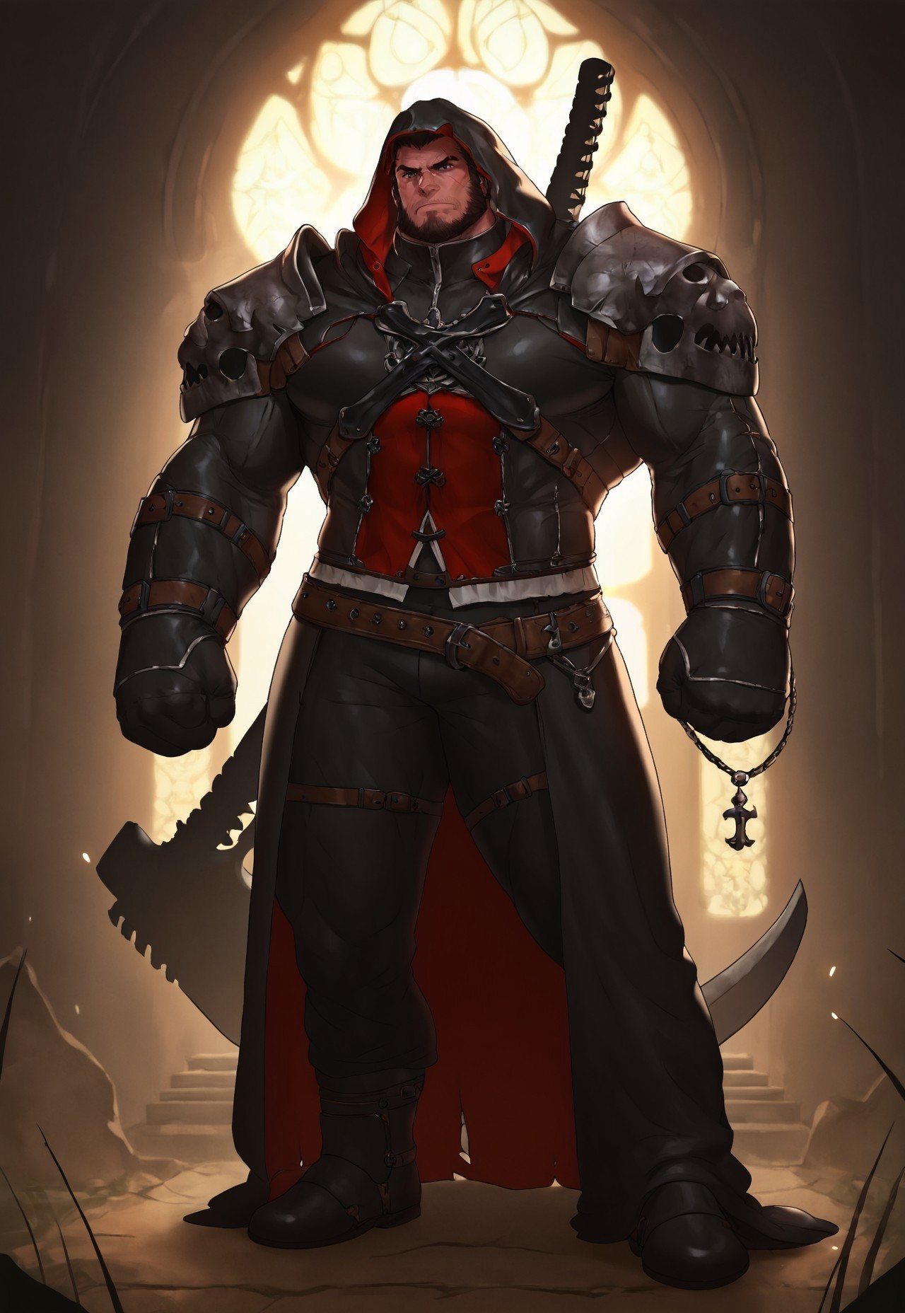safe_pos,muscular, bara, barazoku,score_9, score_8_up, score_7_up, score_6_up, score_5_up,bodybuilder,puffy pectoral,puffy muscle,dim lighting,muscular,muscular body ,thick thigh,textless,bara,detailed face,detailed,1boy,serious face,detailed face, perfectly drawn face,standing,hooded,black top,black pant,shoulder armor,black gloves,weapon on back,face scar,beard