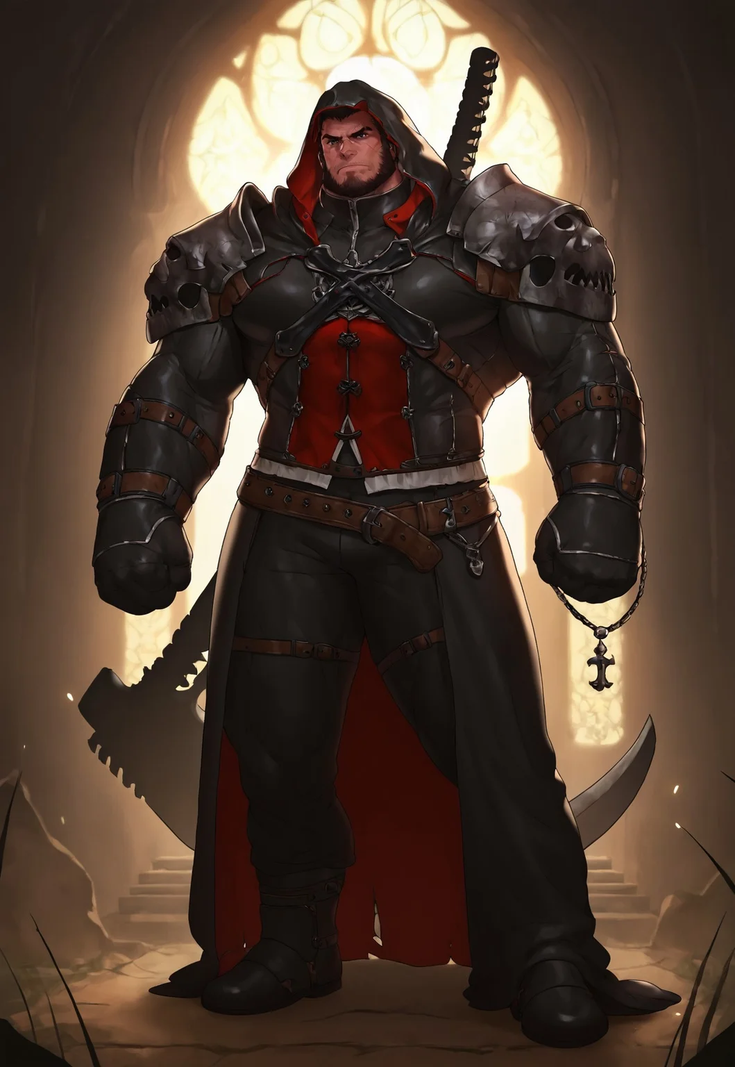 safe_pos,muscular, bara, barazoku,score_9, score_8_up, score_7_up, score_6_up, score_5_up,bodybuilder,puffy pectoral,puffy muscle,dim lighting,muscular,muscular body ,thick thigh,textless,bara,detailed face,detailed,1boy,serious face,detailed face, perfectly drawn face,standing,hooded,black top,black pant,shoulder armor,black gloves,weapon on back,face scar,beard