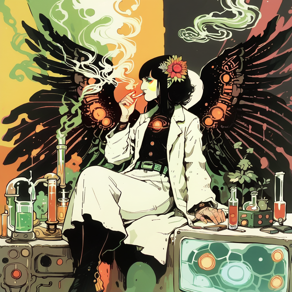 Ugly score_9, score_8_up, score_7_up, score_6_up, belt, black wings, black hair, sitting, glowing, abstract, smoking, labcoat, hair flower, wings, <lora:fl4ttr1p3XLP:1> fl4ttr1p