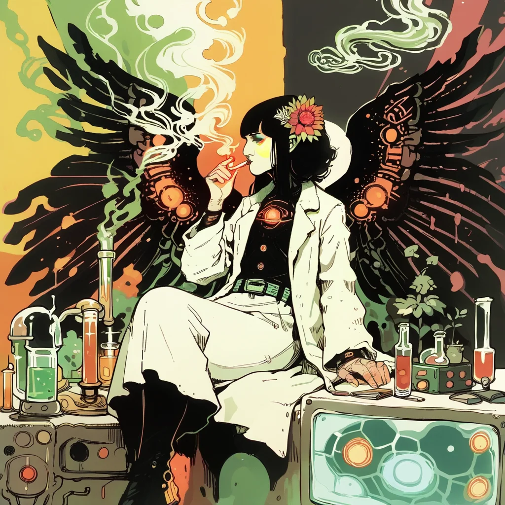 Ugly score_9, score_8_up, score_7_up, score_6_up, belt, black wings, black hair, sitting, glowing, abstract, smoking, labcoat, hair flower, wings, <lora:fl4ttr1p3XLP:1> fl4ttr1p