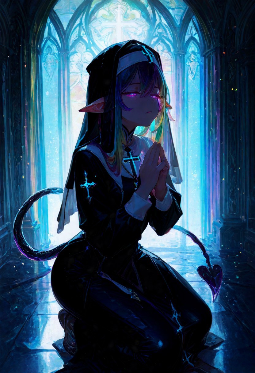 masterpiece, best quality, amazing quality, very aesthetic, absurdres, newest, volumetric lighting, holographic colors, cute, gradient colors, rainbow background, masterpiece, best quality, amazing quality, very aesthetic, absurdres, newest, volumetric lighting,1girl, 
BREAK
 ambient occlusion, raytracing, soft lighting, blum effect, masterpiece, absolutely eye-catching, particles, glow, shining, intricate cinematic background, (beautiful face),  
BREAK
masterpiece, highly detailed,1girl,beautiful eyes, big eyes, detailed eyes, detailed pupils, perfect body, glowing eyes,
Dark Priest, prehensile tail, spade-tipped tail, pointy ears, half closed eyes, nun veil, praying, church background, kneeing, head up, praying, holding a small cross, glowing cross, view from above,