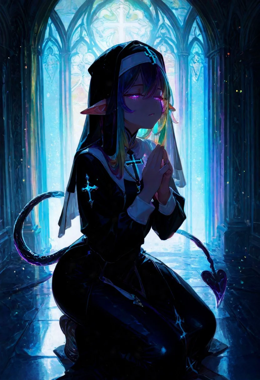 masterpiece, best quality, amazing quality, very aesthetic, absurdres, newest, volumetric lighting, holographic colors, cute, gradient colors, rainbow background, masterpiece, best quality, amazing quality, very aesthetic, absurdres, newest, volumetric lighting,1girl,
BREAK
ambient occlusion, raytracing, soft lighting, blum effect, masterpiece, absolutely eye-catching, particles, glow, shining, intricate cinematic background, (beautiful face),
BREAK
masterpiece, highly detailed,1girl,beautiful eyes, big eyes, detailed eyes, detailed pupils, perfect body, glowing eyes,
Dark Priest, prehensile tail, spade-tipped tail, pointy ears, half closed eyes, nun veil, praying, church background, kneeing, head up, praying, holding a small cross, glowing cross, view from above,